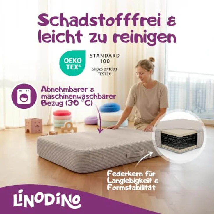 Linodino Hüpfpolster Elfenzauber Beige mit Federkern, rutschfester Unterseite, Tragegriff und abnehmbarem, waschbarem Cord-Bezug – Bild 4