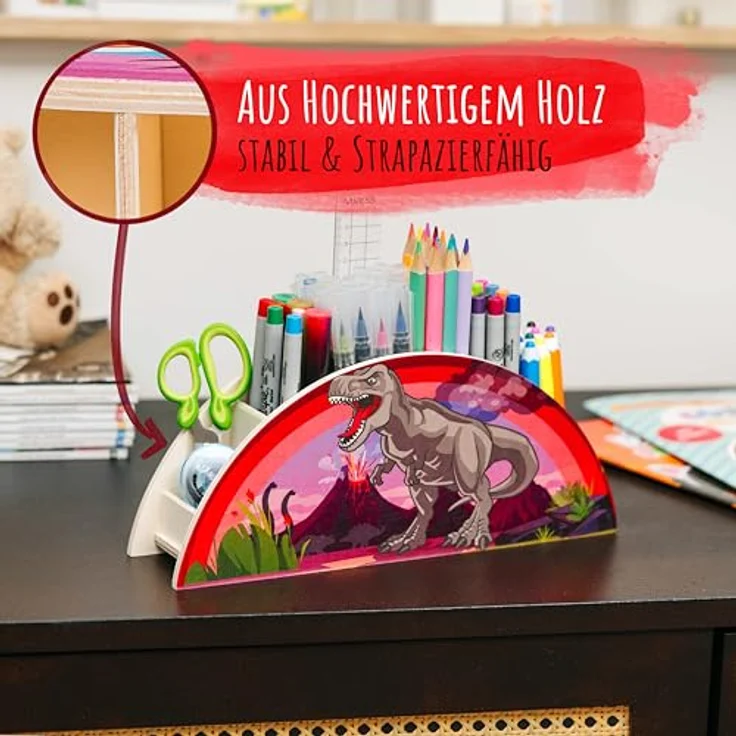 WAGOMA® Stiftehalter Kinder Dinosaurier [5 Fächer] | Robuster Schreibtisch Organizer mit buntem Dino-Motiv | Ideal für Ordnung im Kinderzimmer – Bild 2