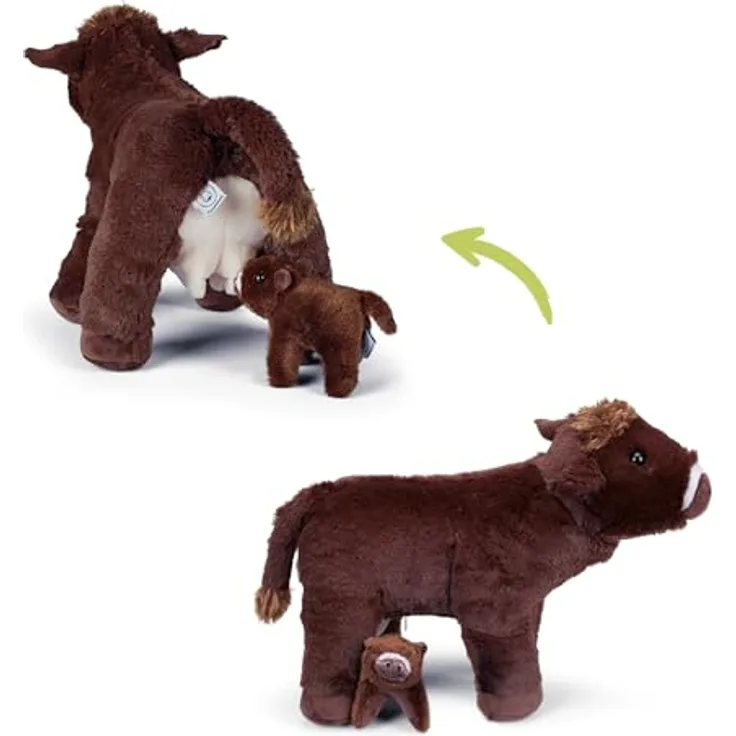 Mamanimals Kuh Kuscheltier mit Baby, 35 cm groß, Reißverschluss, magnetische Zitzen, für Kinder ab 0+ Jahren