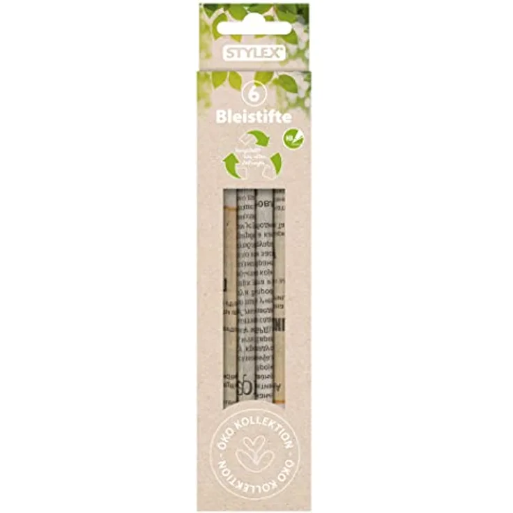 Stylex 26025, Bleistift Eco Collection aus alten Zeitungen, Härtegrad HB, 6er Set im Kartonetui, individuell gestaltete Stifte