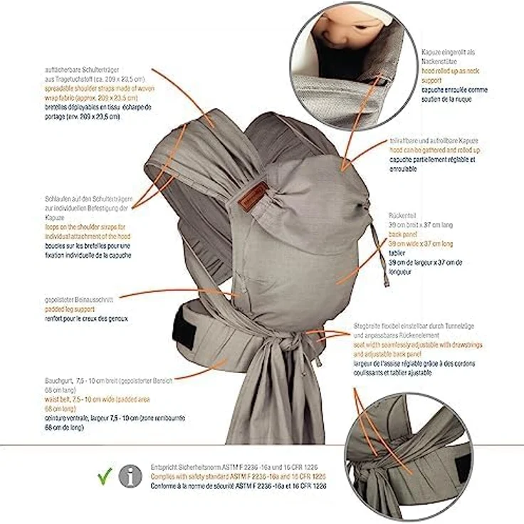 Hoppediz Babytrage Hop-Tye Advanced, Halfbuckle mit Tuchträger, geeignet ab Geburt (2,5 - 20 kg), sicher nach ASTM-Normen – Bild 5