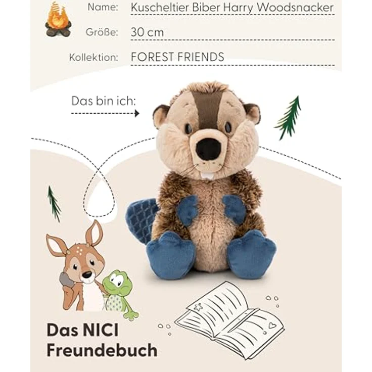 Nici Kuscheltier Forest Friends, Biber Harry Woodsnacker, 30 cm, braun mit blauen Akzenten und Schlenker-Design – Bild 5