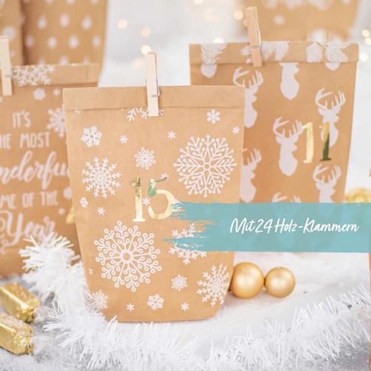 Papierdrachen Adventskalender 2025, DIY Befüllbarer Weihnachten Kalender mit 24 bedruckten Kraftpapiertüten, Motiv Cozy Winter weiß, inkl. Zahlenaufklebern & Klammern, wiederverwendbar – Bild 2