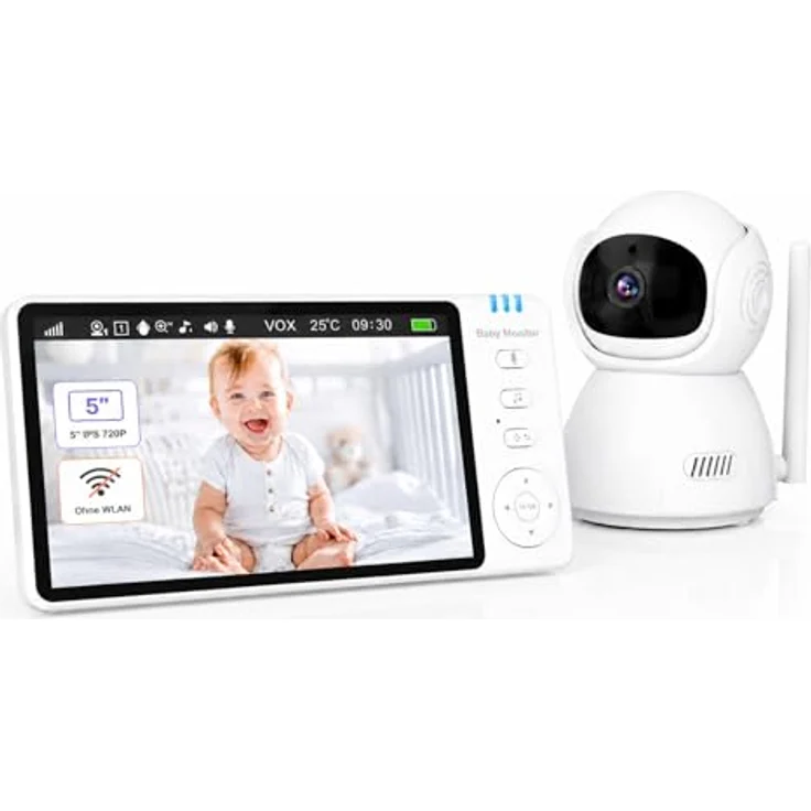 BURNNOVE Babyphone mit Kamera, 5 Zoll IPS 720P, 3500mAh Akku, FHSS-Verbindung ohne WLAN, 355° Schwenkfunktion, VOX-Modus – Bild 1
