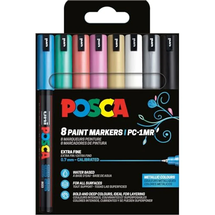 POSCA 181757, Marker Set mit 8 Acrylstiften Metallic PC-1MR, 0,7 mm Rundspitze, permanente Marker in Schwarz, Weiß, Gold, Silber, Blau, Grün, Rot und Rosa Metallic – Bild 1
