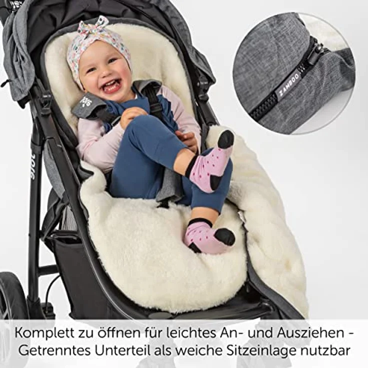 Zamboo Universal Fußsack für Babyschale, Kinderwagen Wanne und Buggy - 2in1 Winterfußsack und Sitzauflage aus kuscheligem Fleece, Baby Fusssack mit Kapuze und Tasche - Grau – Bild 6