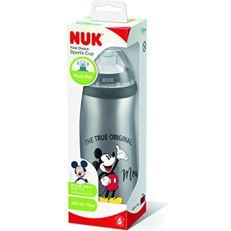 NUK First Choice Mickey Mouse Kinderflasche, 450 ml, grau, mit weichem Trinkschnabel für Kinder ab 36 Monaten – Bild 2