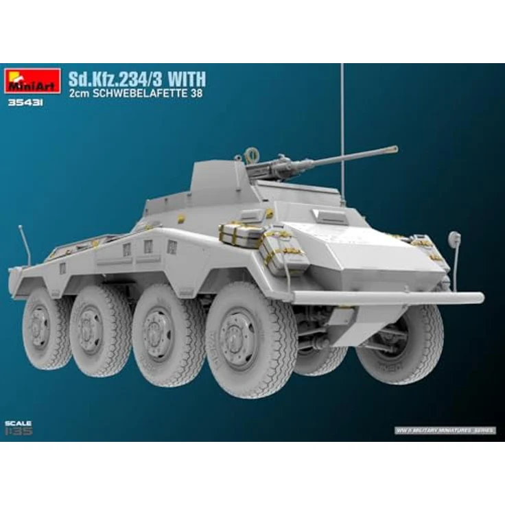 Miniart 1:35 Sd.Kfz.234/3, Modellfahrzeug mit 2 cm Lafette 38 und feinen Innendetails – Bild 11