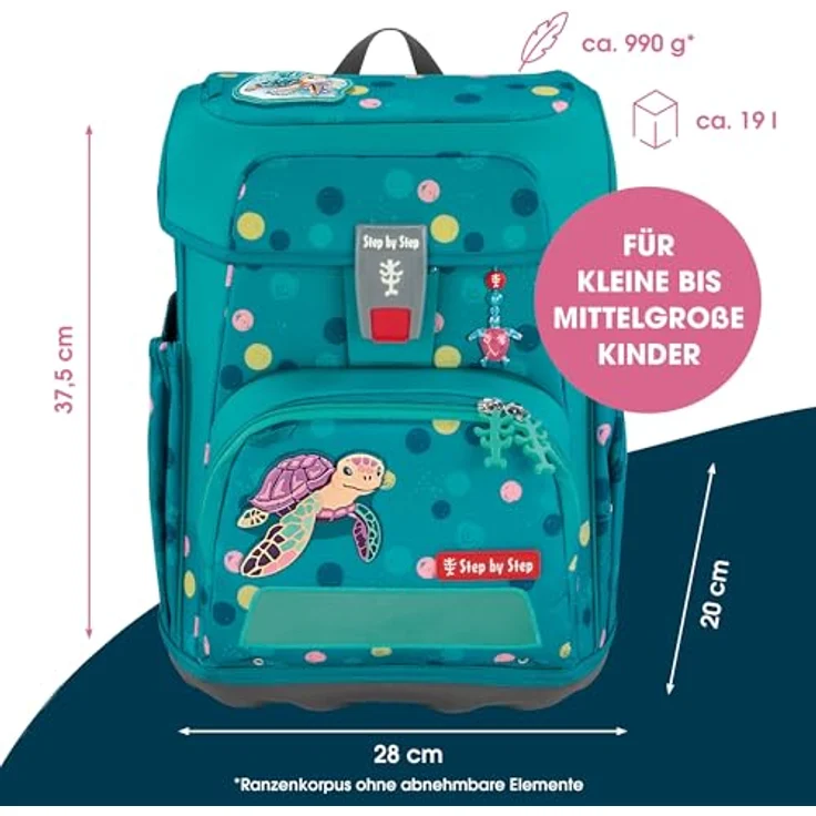 Step by Step Schulranzen-Set Cloud „Turtle Josie“, 5-teilig, ergonomischer Tornister mit Reflektoren, höhenverstellbar, türkis, für Mädchen ab der 1. Klasse, 19L – Bild 2
