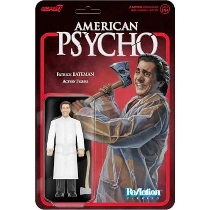 Super7 American Psycho (2000) Reaction Actionfigur Patrick Bateman (Raincoat), 10 cm mit Axt-Zubehör und beweglichen Teilen