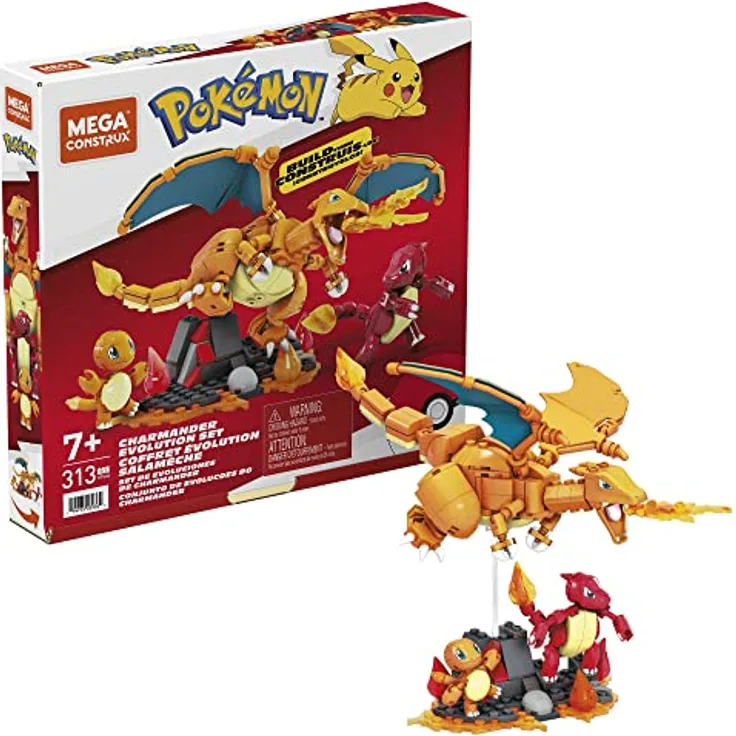 MEGA WONDER POKEMON MEGA HFG06 - Mega Construx Pokémon Glumanda Evolutionsset, Konstruktionsspielzeug, 3 bewegliche Figuren, Feuerwelt, 300 Bausteine, ab 7 Jahren