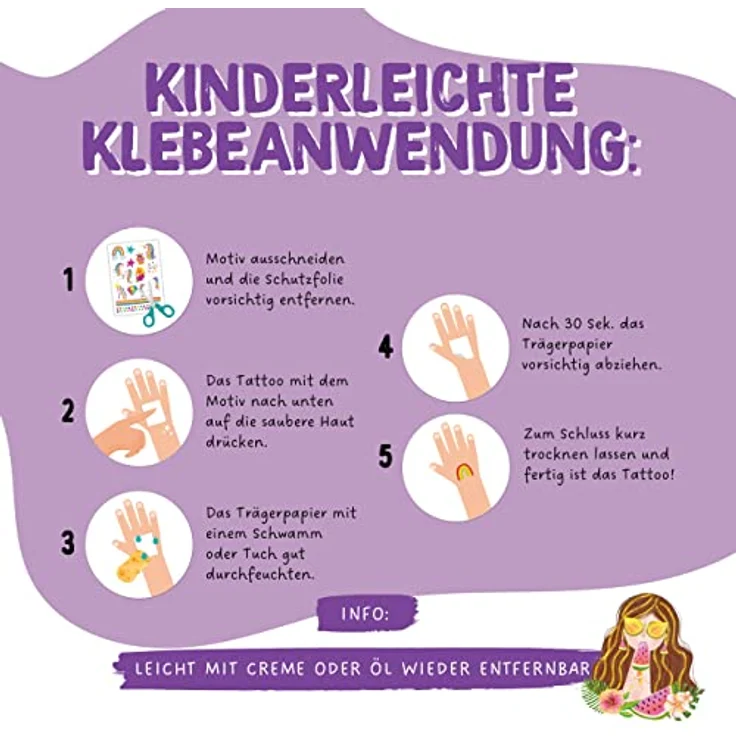 Papierdrachen 100 Metallic-Tattoos, hautfreundliche Kindertattoos Einhorn und Regenbogen, vegan, in Deutschland hergestellt, 6 Bögen Silber – Bild 4