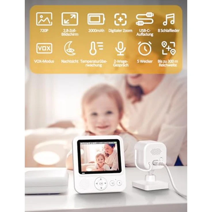 BURNNOVE Babyphone mit Kamera 720P IPS, Videoüberwachung ohne WLAN, 2000mAh Akku, Nachtsicht, Temperaturalarm, Gegensprechfunktion, Digitalzoom, 8 Schlaflieder, kompakt und tragbar – Bild 3