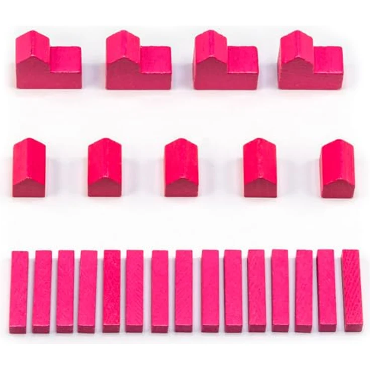 Waldfelsen® Hozfiguren für Die Siedler, 4 Städte, 5 Siedlungen und 15 Straßen aus massivem Holz, pink – Bild 1
