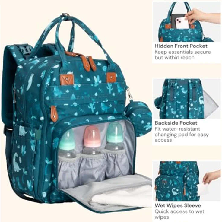 BabbleRoo Wickeltasche Rucksack, Wasserabweisend mit 17 Taschen, 26L Kapazität, inkl. Wickelauflage und abnehmbarem Schnullerhalter, für Mama & Papa – Bild 5