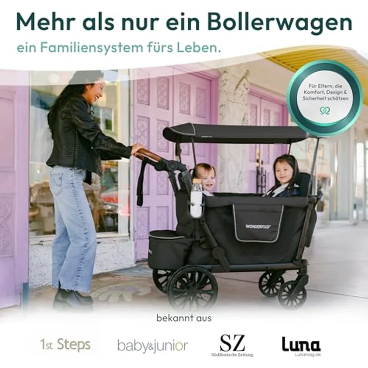 Wonderfold L2 Kombikinderwagen für 2 Kinder, kompakter Bollerwagen mit seitlicher Tür, flexible Sitzbänke, 360°-Räder und Klappmechanismus, schwarz – Bild 3