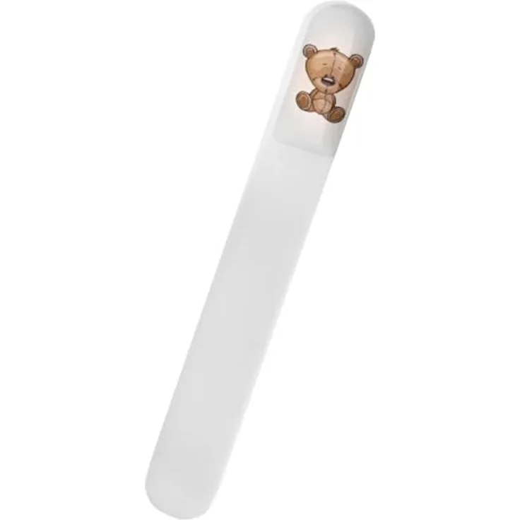 SCHWERTKRONE® Baby Nagelfeile aus böhmischem Kristallglas, beidseitig feinkörnig, 3D Gel Motiv Bär, hygienisch, made in EU