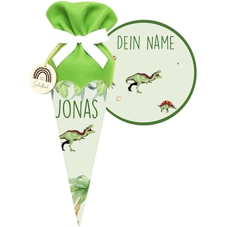 Kidsmood Dinosaurier Schultüte, personalisiert mit Namen, hochwertiges Bastelset inkl. Rohling, Stoff & Holzschild, uriges Dino Design für Einschulung 2026, ideales Geschenk für Jungen