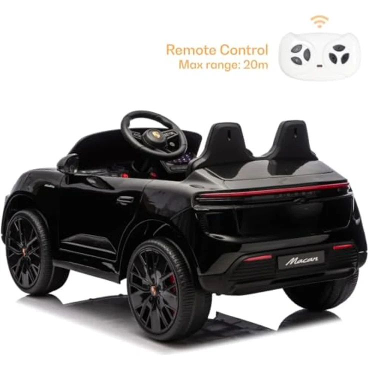Vrooomy Porsche Macan Turbo Kinder Elektro Auto, 12V mit Fernbedienung, Bluetooth, Soft-Start, EVA-Rädern und Stoßdämpfern – Schwarz, für 1 bis 6 Jahre – Bild 2
