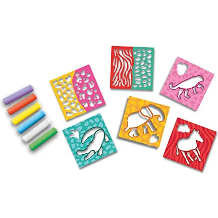 SES creative 02204 - Kreidestifte Safari, Straßenmalkreide in 6 Farben, 4 Tierschablonen aus Plastik, komplettes Set mit kräftigen Farben – Bild 2