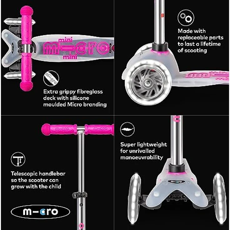 MICRO Mini micro Deluxe Flux LED | Das ORIGINAL | Kinderroller ab 2 Jahren | Inklusive LED Rollen | Transparentes Design, Höhenverstellbar | Pink – Bild 4