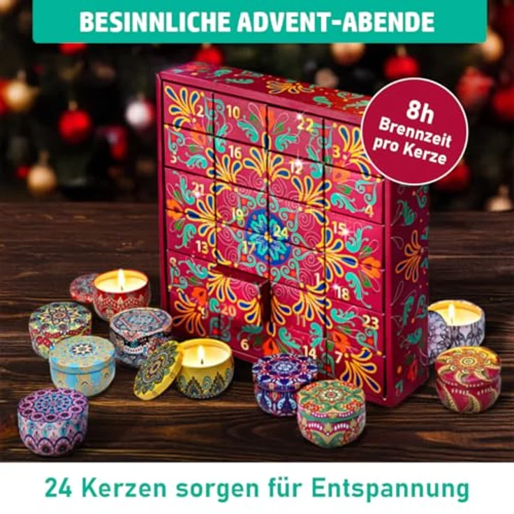 BRAST Adventskalender mit 24 Mini Duftkerzen, 12 Duftnoten wie Vanille-Coco und Sandelholz, dekorative wiederverwendbare Metalldosen, Brenndauer bis zu 8 Stunden – Bild 3