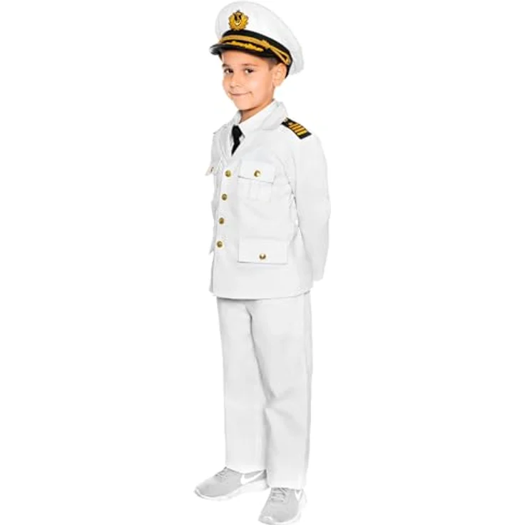 Maskworld Kapitän Kinder-Kostüm, 4-teiliges Set mit Blazer, Hose, Krawatte und Mütze, Baumwolle, Größe 164 – Bild 1