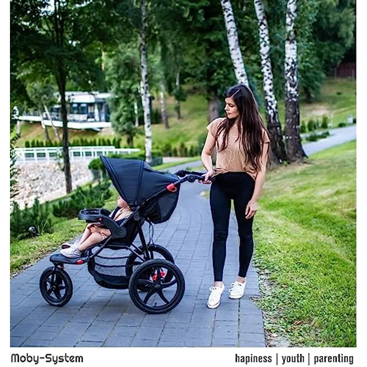 Moby-System Runner Dreirad-Kinderwagen Buggy Mountain Schwarz Für Kinder Bis 15 Kg, Es dreht sich gut Bequem Lässt sich leicht zusammenklappen, Schwarz – Bild 2
