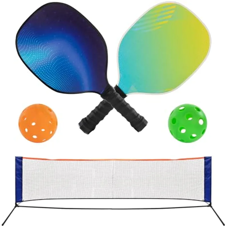 Idena 40253 - Pickleball Set mit 2 Paddle-Schlägern, Netz mit Ständer (302 x 80 cm), Indoor Ball und Outdoor Ball, grün und orange