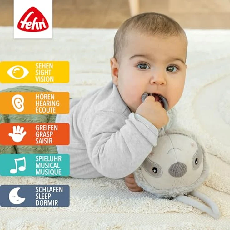 Fehn Spieluhr Faultier, Kuscheltier & Einschlafhilfe mit Melodie "Brahms Wiegenlied", 13 cm, maschinenwaschbar, für Babys ab 0 Monaten – Bild 2