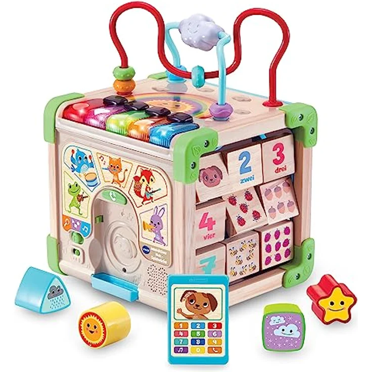 VTech Interaktiver Holz-Spielwürfel – Interaktiver Spielwürfel mit FSC®-zertifiziertem Holz – Mit verschiedenen Elementen, Liedern und Musik – Für Kinder von 12-36 Monaten – Bild 2
