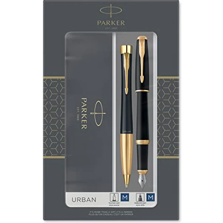 Parker Urban Duo-Geschenkset mit Kugelschreiber und Füllfederhalter, Muted Black mit Goldzierteilen, Nachfüllmine und -patrone mit blauer Tinte, Geschenkbox – Bild 1
