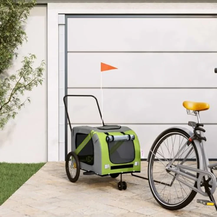 vidaXL Fahrradhundeanhänger Fahrradanhänger Hunde Grün und Grau Oxford-Gewebe und Eisen, mit PVC-Dach und belastbarer Platte – Bild 3