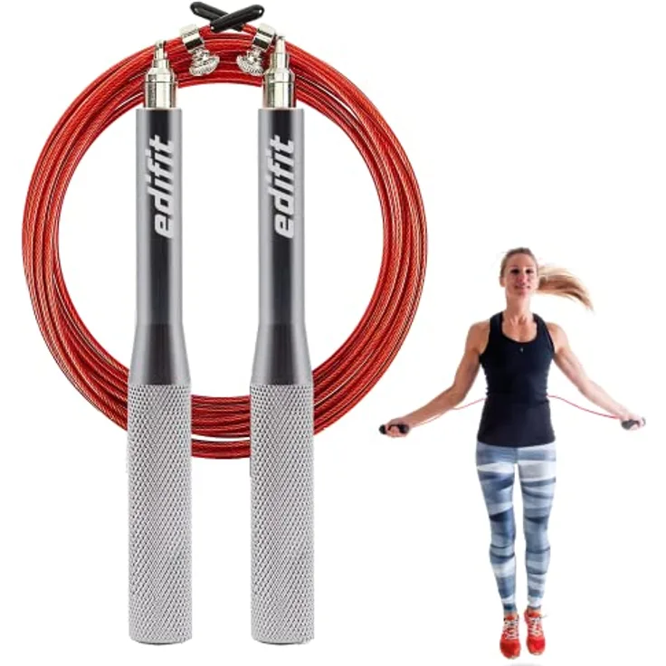 Edifit, Springseil, Fitness, Sport, 3 Meter, 165 mm Griff, Verstellbar, für Männer und Frauen, Heimtraining, Boxen, Crossfit, Workout (Rot und Grau)