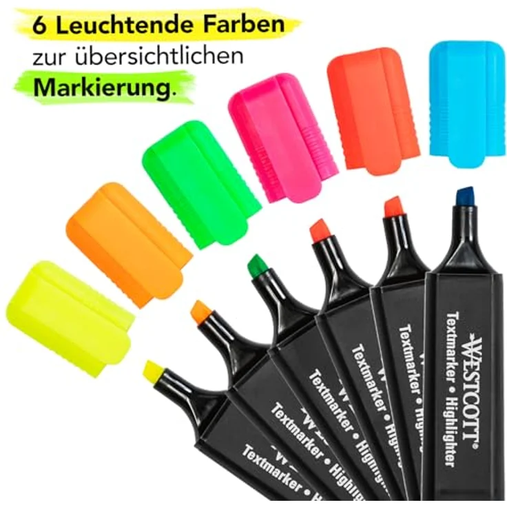 WESTCOTT Textmarker farbsortiert, 6 St., Ergonomisch mit Keilspitze, schnell trocknend, verschiedene Farben – Bild 2