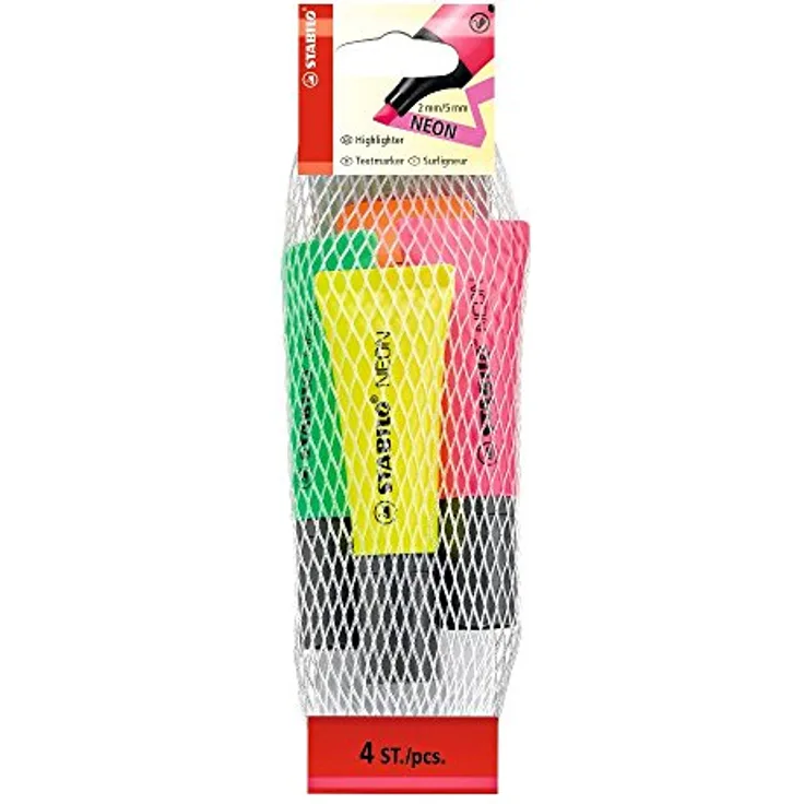 Textmarker - STABILO NEON - 4er Pack - gelb, grün, pink, orange