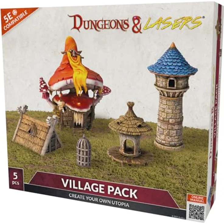 Archon Studio Dungeons & Lasers: Village Pack, 5-teiliges RPG Erweiterungsset mit Pilzhütte, Sumpfhütte, Highlander-Hütte, Wachtturm und Käfig, langlebiger Kunststoff – Bild 1