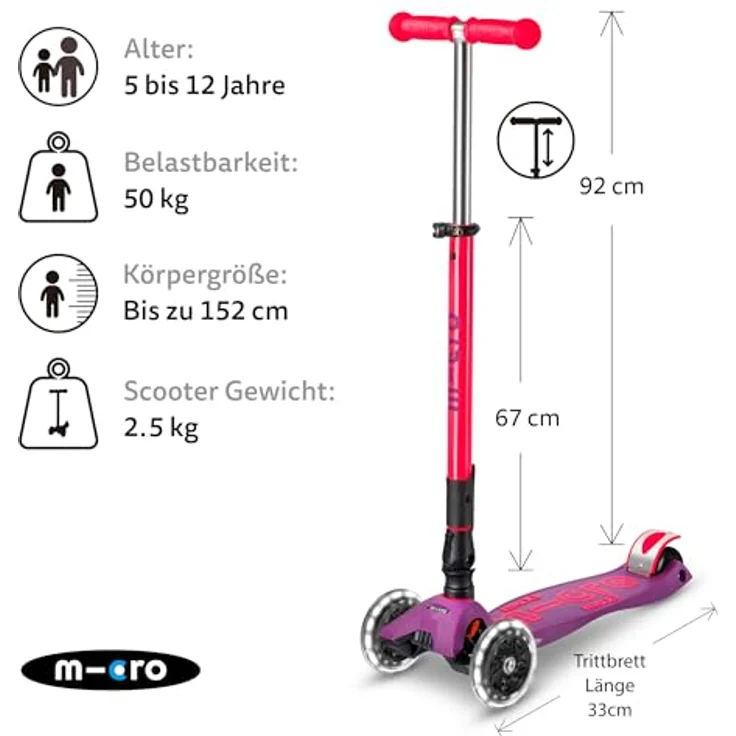 Micro Kinderroller Maxi Micro, klappbar mit LED-Rädern, lila pink neon – Bild 3