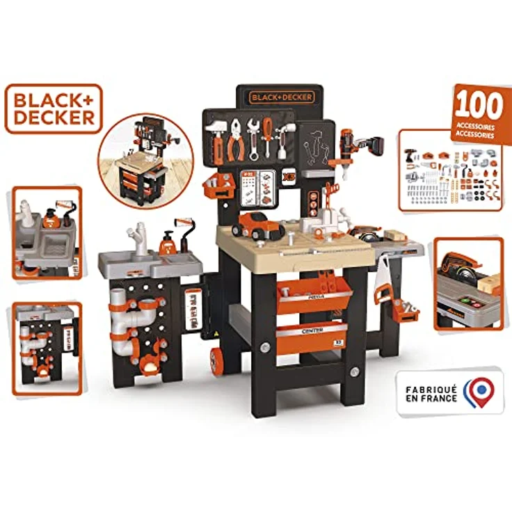 Smoby Toys - Black+Decker Mega Werkbank Center (100 Teile) - Spielzeug-Werkstatt für Kinder ab 3 Jahren mit Werkzeug, Nagelbrett, Autobausatz & mechanischem Akkuschrauber – Bild 3