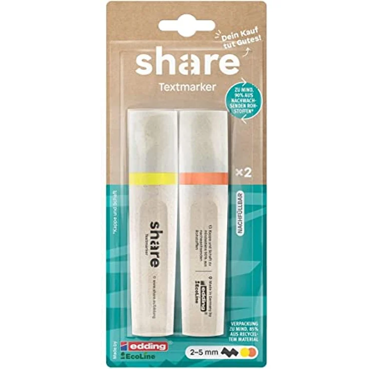 share by edding EcoLine Textmarker 2er Set – Textmarker Set spendet eine Unterrichtsstunde für ein Schulkind – nachfüllbare Eco Marker Stifte – gelb/orange – Bild 1