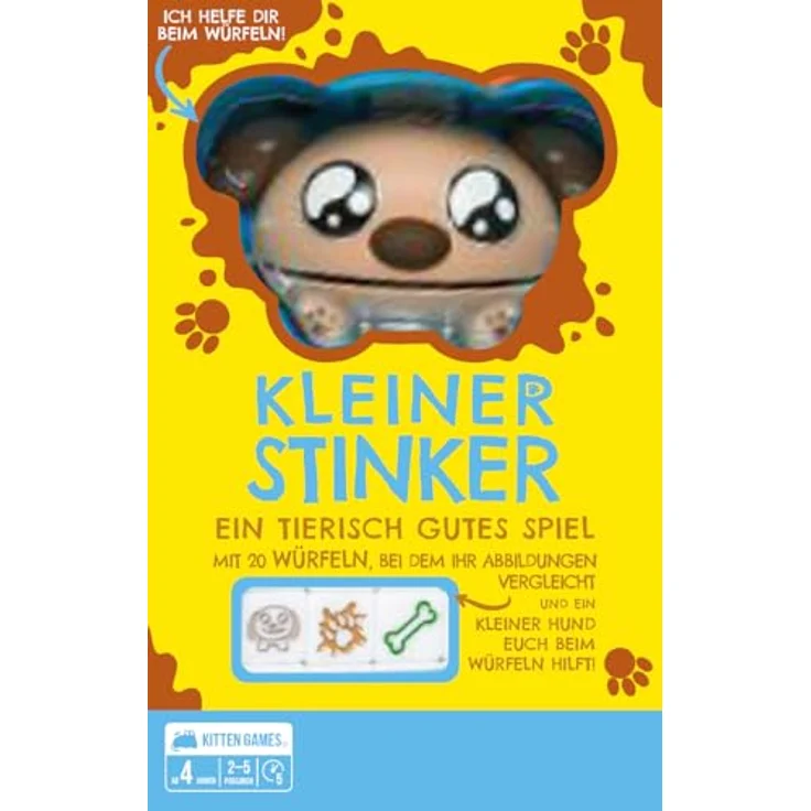 Exploding Kittens Kleiner Stinker, Kinderspiel für 2-5 Spieler, ab 4 Jahren, 5 Minuten Spielzeit, Deutsch, mit 20 Würfeln und Hunde-Würfelbecher – Bild 2