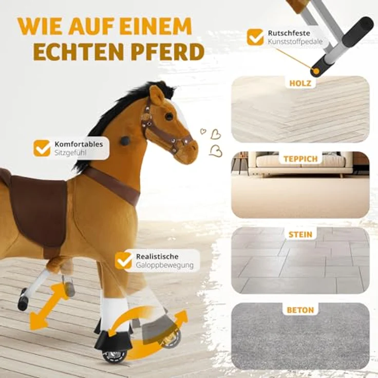 tectake® Schaukelpferd, Plüsch Pferd auf Rollen, Spielzeug zum Reiten, Stehpferd für Kinder, Rollpferd Outdoor - 29 x 76 x 85 cm, realistisches Design, weicher Plüsch, robustes Stahlgestell – Bild 4