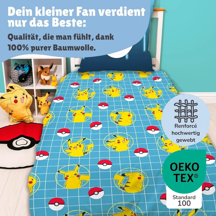 Pokemon Bettwäsche für Kinder mit Pikachu 135x200 80x80 cm Motiv Glow aus 100% Baumwolle – Bild 4