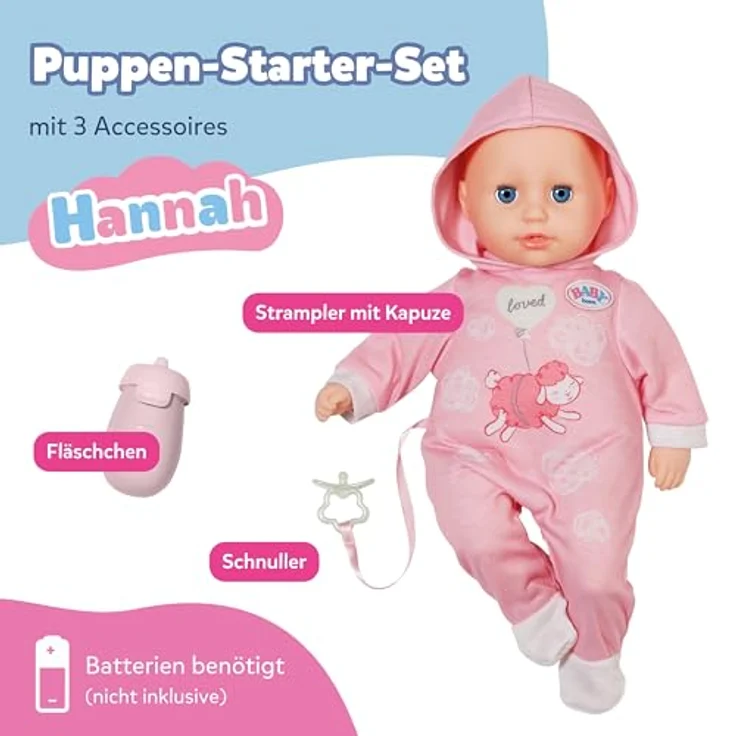 Baby Born Hannah Spiel mit mir, Babypuppe mit weichem Stoffkörper, 36 cm, interaktive Geräusche, inkl. Fläschchen und Schnuller – Bild 2