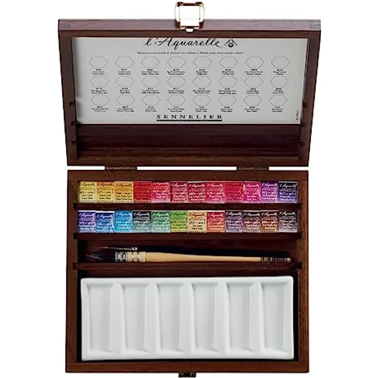Sennelier L'Aquarelle Wood Watercolor Set, 24 Half Pans, inklusive Porzellanpalette und Pinseln Größe 2 und 3