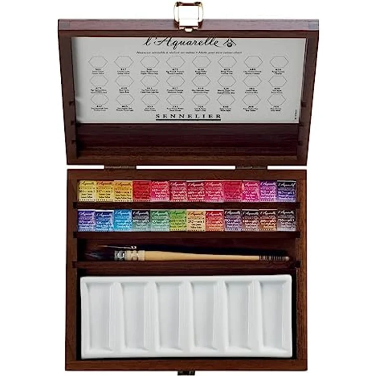 Sennelier L'Aquarelle Wood Watercolor Set, 24 Half Pans, inklusive Porzellanpalette und Pinseln Größe 2 und 3 – Bild 1