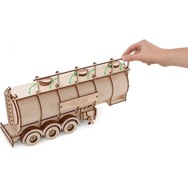 Eco Wood Art ROAD KING LKW Aufleger Modellbausatz, mechanisches 3D-Holzpuzzle mit 251 lasergeschnittenen Teilen, Federwerk-Antrieb, ohne Kleber – Bild 3