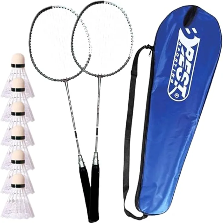 BEST SPORTING 500 XT Badminton Set, mit 2 leichten Schlägern, 3 Profi-Bällen und Tragetasche, ideal für Freizeitsport im Garten, Park oder am Strand