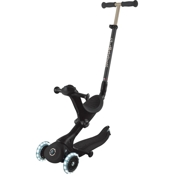 GLOBBER GO-UP DELUXE LIGHTS – 3 in 1 Dreirad mit höhenverstellbarem Sitz, LED-Leuchtrollen und ABEC 9 Kugellagern, schwarz