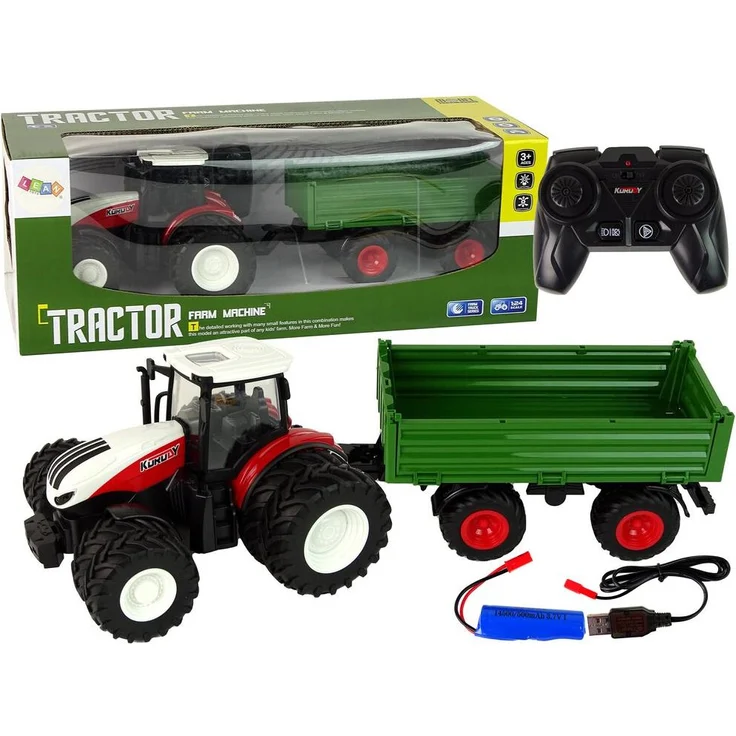 Wisam RC Traktor mit Anhänger 1:24, ferngesteuertes Spielzeug in Rot-Grün für Kinder ab 3 Jahren, robust und langlebig